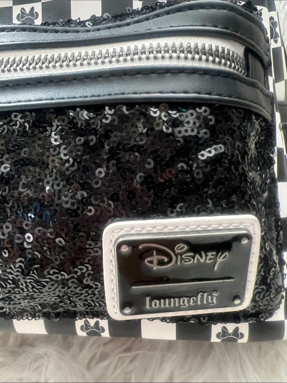 NWOT Disney Minnie Loungefly Black & White Checkerboard Sequin Mini Backpack